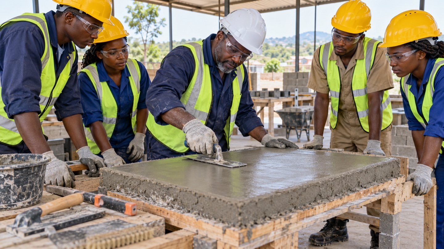 African artisans learning concrete finishing with an instructor